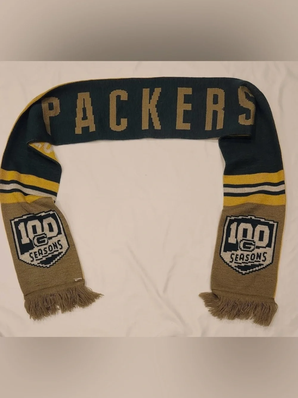 Green Bay Packers NFL Anniversary Winter Scarf Green Gold 100 Seasons NWT - Picture 2 of 9